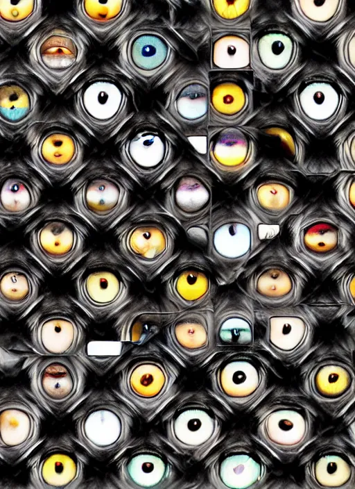 Image similar to grid montage of cube shaped eyes, square shaped black dilated pupils, cube shaped irises, detailed colored textures, eyelashes, advanced art, art styles mix, from wikipedia, wet reflections in square eyes, sunshine light, hd macro photograph, from side, various eyelid positions, square black pupil centered
