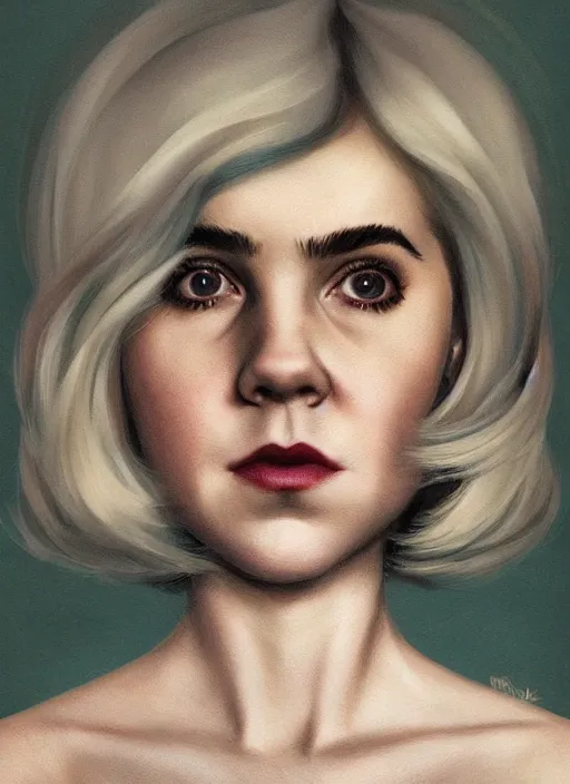 Image similar to full body portrait, kiernan shipka as sabrina spellman, white hair, obese, bangs, sultry, realistic, sultry smirk, fluffy bangs, curly bangs, fat, belly, intricate, elegant, highly detailed, digital painting, artstation, concept art, smooth, sharp focus, illustration, art by wlop, mars ravelo and greg rutkowski