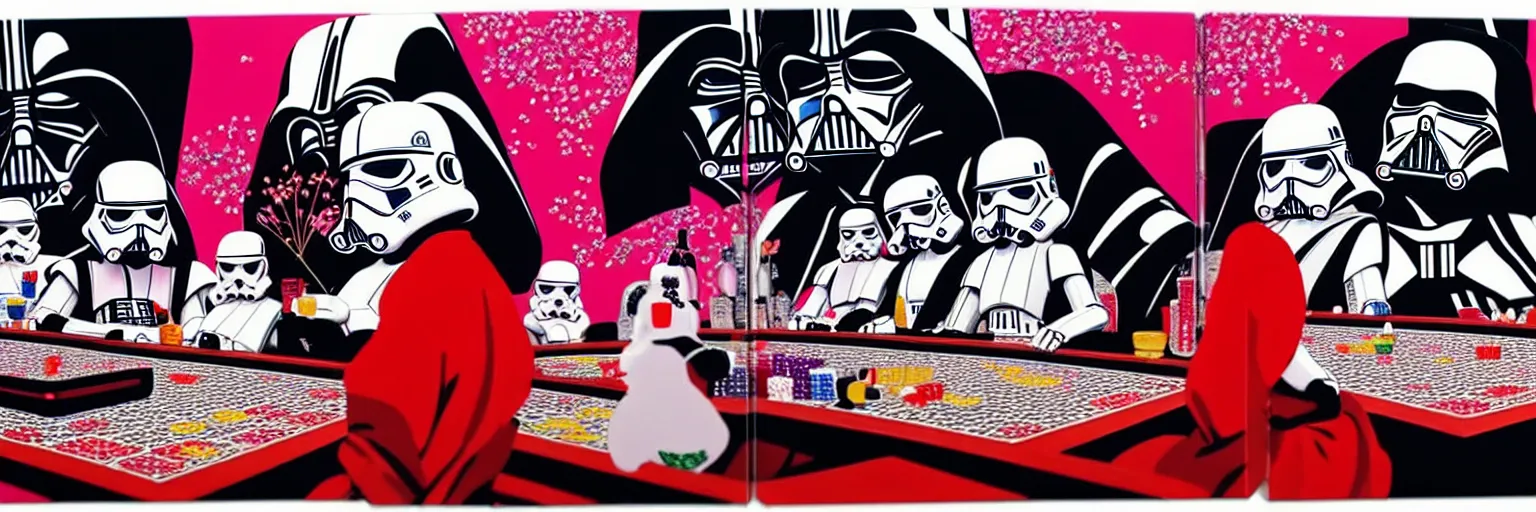 Image similar to hyperrealism composition of the detailed woman in a japanese kimono sitting at an extremely detailed poker table with darth vader and stormtrooper, fireworks on the background, pop - art style, jacky tsai style, andy warhol style, acrylic on canvas