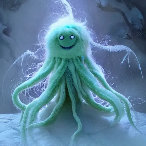 Prompt: an ethereal lovely fluffy ghost like live action muppet wraith like figure with a squid like parasite latched onto its head and four long tentacles for arms that flow gracefully at its sides like a cloak while it floats around a frozen rocky tundra in the snow searching for lost souls and that hides amongst the shadows in the trees, this character has hydrokinesis and electrokinesis is a real muppet by sesame street, photo realistic, real, realistic, felt, stopmotion, photography, sesame street