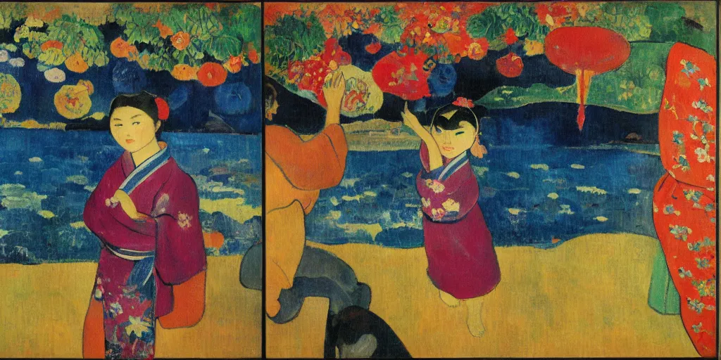 Image similar to a painting of a girl in a yukata pointing at fireworks, gauguin style