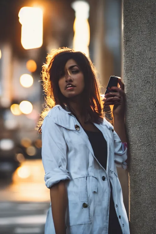 Image similar to beautiful woman, beautiful face of a woman, standing at a bus stop in the early morning, calling on the phone, around the city, the road, 3 5 mm photography, highly detailed, cinematic lighting, 4 k