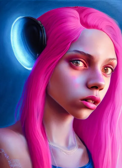 Image similar to portrait of teenage vanessa morgan with bright pink hair, black girl, curly pixie cut hair, wearing newsboy cap, pink short haircut, newsboy cap, hoop earrings, blue eyes, intricate, elegant, glowing lights, highly detailed, digital painting, artstation, concept art, smooth, sharp focus, illustration, art by wlop, mars ravelo and greg rutkowski