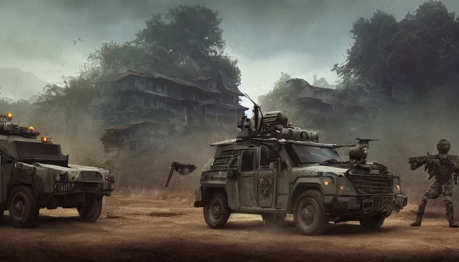 Image similar to a militarized police vehicle riding through an orwellian kerala village, troops searching the area, furious action scene, an epic fantasy, dramatic lighting, cinematic, establishing shot, extremely high detail, photorealistic, cinematic lighting, artstation, octane render, by simon stalenhag, horizon forbidden west