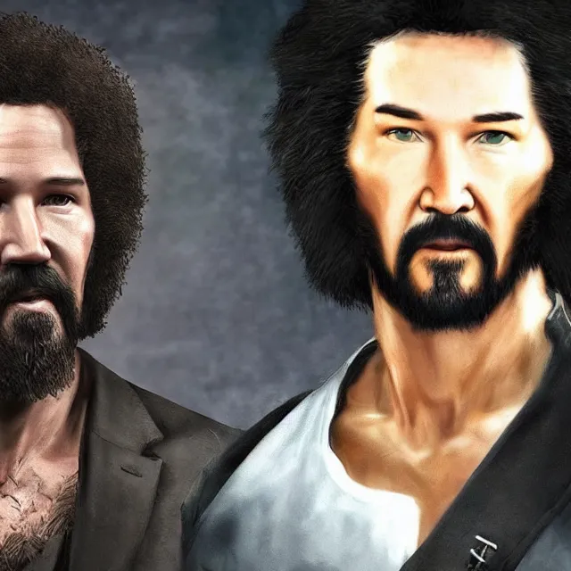 Prompt: bob ross and keanu reeves as a main characters in mortal kombat, concept, artstation, trending on deviantart, 4 k, very very detailed, realistic face,