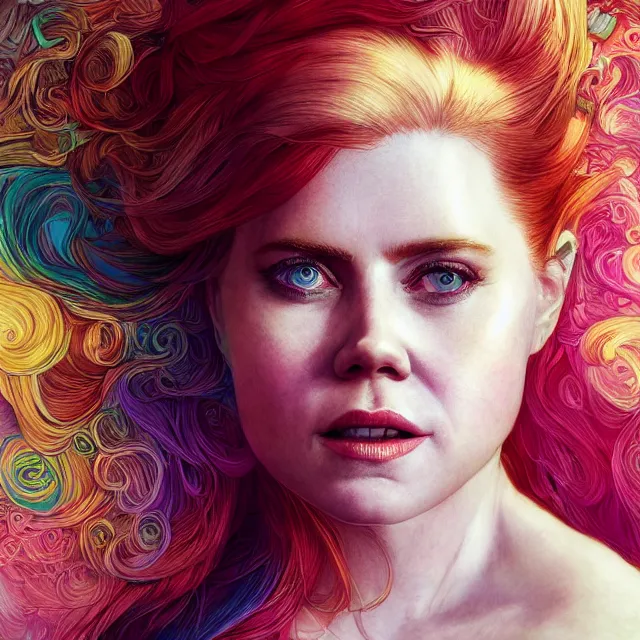 Image similar to the portrait of chaotic neutral colorful female amy adams as absurdly beautiful, gorgeous, elegant, playful, sensual woman, an ultrafine hyperdetailed illustration by kim jung gi, irakli nadar, intricate linework, bright colors, octopath traveler, final fantasy, unreal engine 5 highly rendered, global illumination, radiant light, detailed and intricate environment