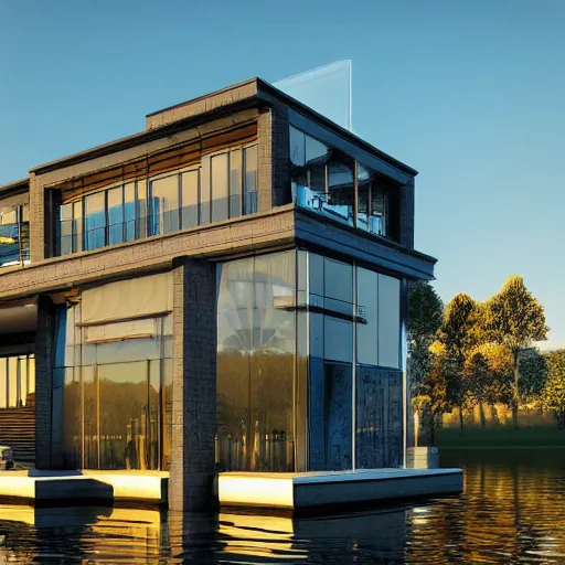 Prompt: a modern house with tall glass windows on the lake, golden hour, spotlight, backlight, sunlight, volumetric light, ray tracing reflections, insanely detailed and intricate, hypermaximalist, elegant, ornate, hyper realistic, super detailed