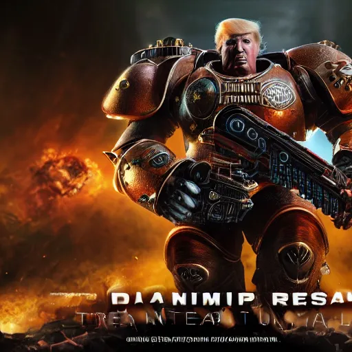 Image similar to Portrait of donald trump as the emperor of humanity from warhammer 40k in Gears of War, splash art, movie still, detailed face, photorealistic facial features, cinematic lighting, dramatic, octane render, long lens, shallow depth of field, bokeh, anamorphic lens flare, 8k, hyper detailed, 35mm film grain