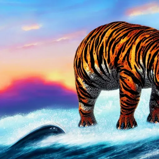 Image similar to a closeup photorealistic photograph of a cute smiling knitted tiger hippopotamus riding a large wave at sunset. surf in the background. professional capture. brightly lit scene. this 4 k hd image is trending on artstation, featured on behance, well - rendered, extra crisp, features intricate detail, epic composition and the style of unreal engine.