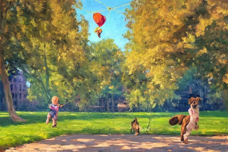 Prompt: impressionist oil painting with broad pallet knife, luminous muted colors, a tree lined city park, side view. a child tries to hold onto a kite string, a german shepherd puppy on her leash is happily frolicking in the sun. a second german shepherd puppy is playfully running holding a balloon. it's sunny breezy.
