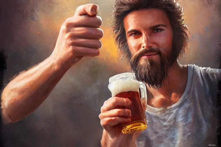 Prompt: a young man holding a beer giving a thumbs up with a long beard, airbrush painted, 80s poster, detailed, uncropped, painted by Bastien Lecouffe-Deharme