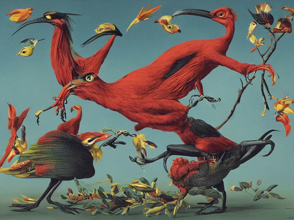 Image similar to Splendid, exotic, mutant, alien bird in a mating ritual. Joy of life. Painting by Walton Ford