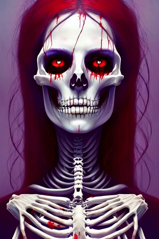 Prompt: extremely beautiful panting of goddess of the realm of the dead, half woman half skeleton, covered with blood, surrounded by skeletons, extremely high detailed face, long white hair, artstation, by ilya kuvshinov, greg rutkowski and makoto shinkai, trending on artstation