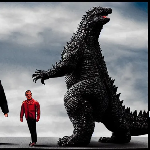 Prompt: godzilla vs obama in a wendy ’ s parking lot, photography, realistic, realism, photorealism, f 3. 5