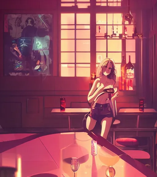 Prompt: pretty woman in a bar, by wlop, rain, poster, anime key visual, artstation