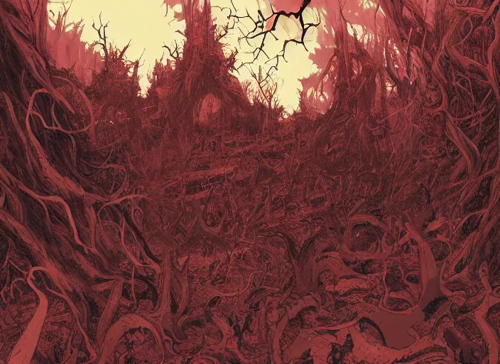 Prompt: a landscape of a forest at hell by takeshi obata and mike mignola, hell, dragons, red and black colors, colors, abandoned buildings, forest with trees with faces, small demons, shadows screaming, night sky, highly detailed, cgsociety, artstation, very detailed