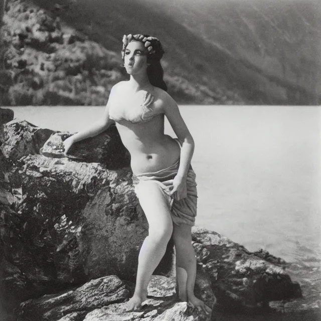 Image similar to greek goddess by a lake, vintage film photograph