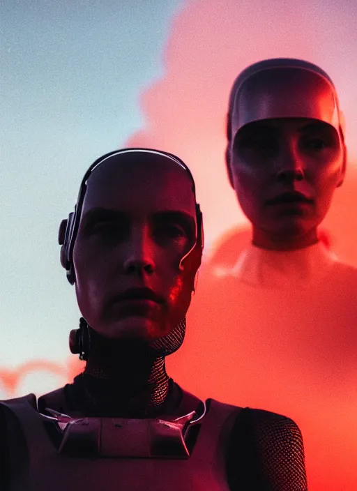 Image similar to cinestill 5 0 d photographic portrait of two loving female androids wearing rugged black mesh techwear on a desolate plain with a red sky, extreme closeup, cyberpunk style, garters, dust storm, 8 k, hd, high resolution, 3 5 mm, f / 3 2, ultra realistic faces, ex machina