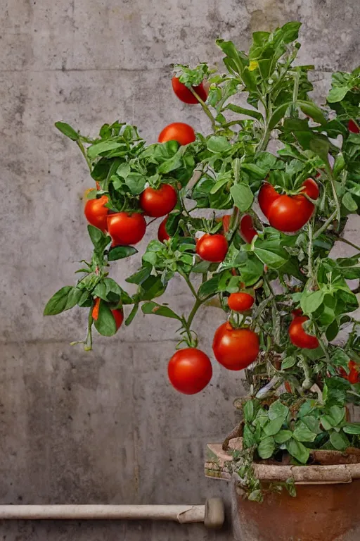 Image similar to a potted tomato plant with an ethernet connection, its leaves and tomatoes form a web developer interface for html 5 iot web 2. 0, high resolution megapixel photograph