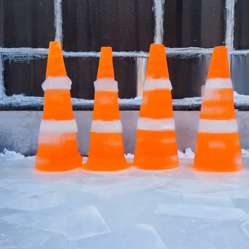 Image similar to Ice sculpture form of traffic cones, white background