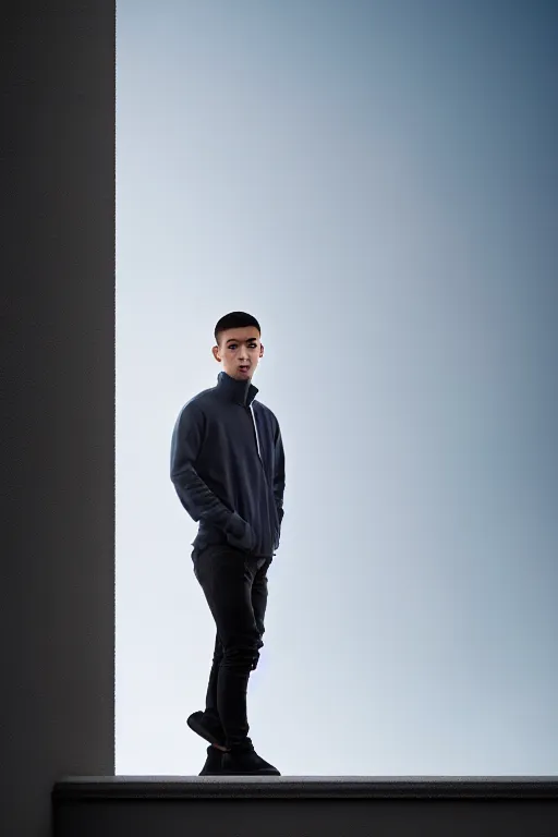 Image similar to un ultra high definition studio quality photographic art portrait of a young man standing on the rooftop of a british apartment building wearing soft padded silver pearlescent clothing. three point light. extremely detailed. golden ratio, ray tracing, volumetric light, shallow depth of field. set dressed.