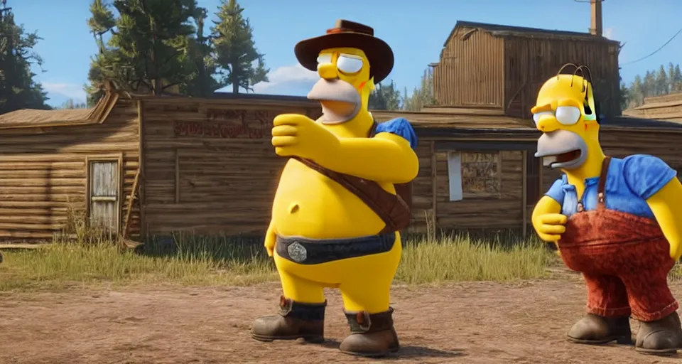 Image similar to Screenshot of Homer Simpson as a 3d cowboy in full cowboy attire in the videogame 'Red Dead Redemption 2'. Sharpened. 1080p. High-res. Ultra graphical settings.