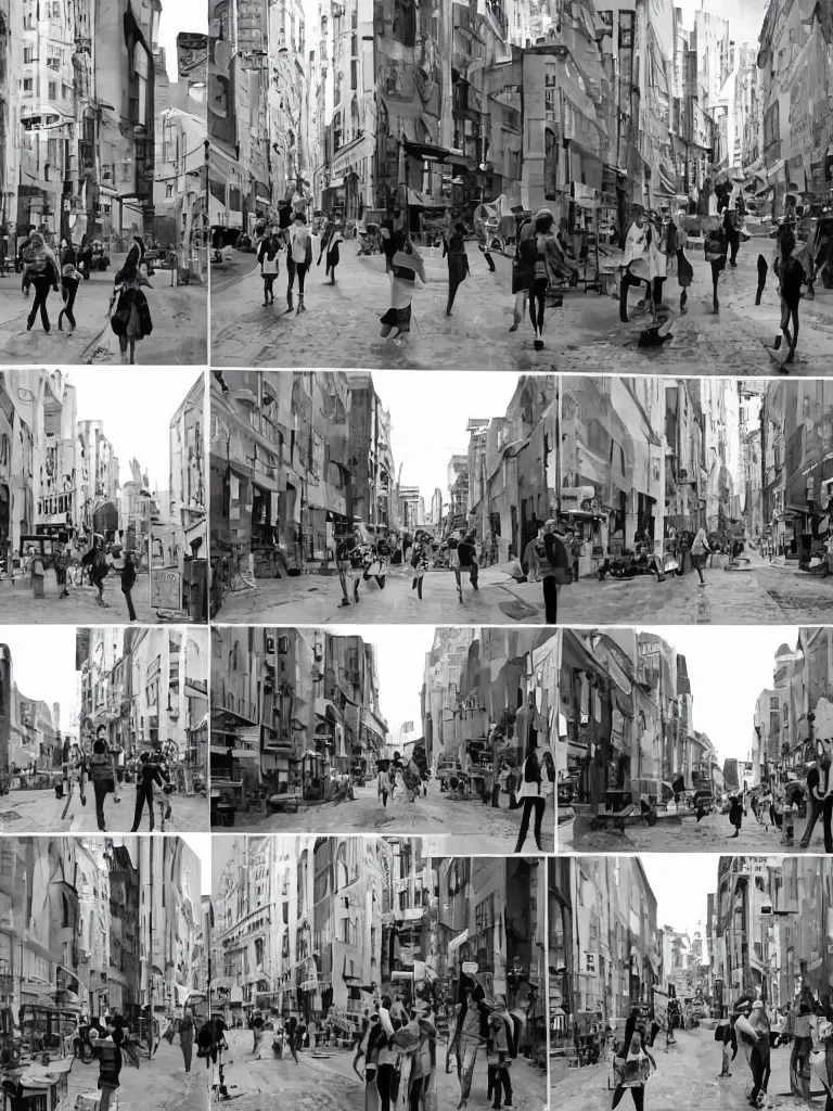 Prompt: a frame by frame animation of a girl walking down the street