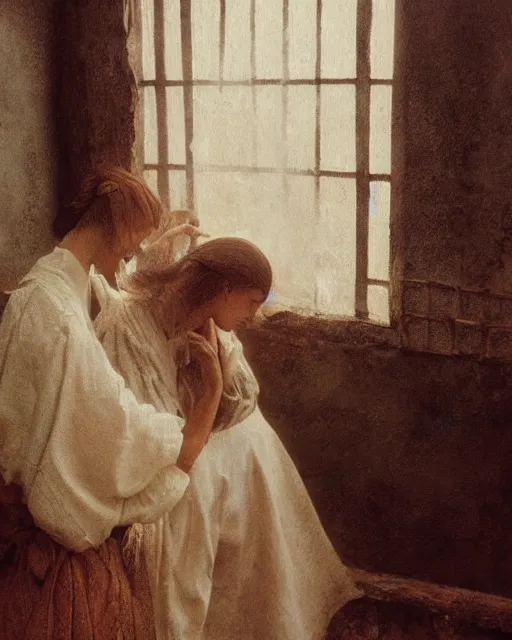 Image similar to portrait of 2 peasant woman with wet hair in a steam bath, minimalistic interior, soviet style, Cinematic focus, Polaroid photo, vintage, neutral colors, soft light, foggy, by Steve Hanks, by Serov Valentin, by lisa yuskavage, by Andrei Tarkovsky 8k render, detailed, oil on canvas