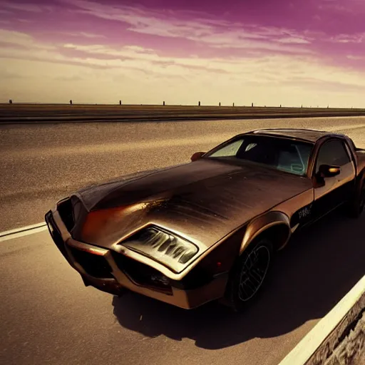 Prompt: steampunk trans am driving on a deserted road, cinematic, sharp focus