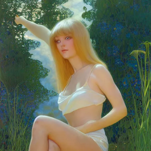 Image similar to A young woman with blonde long hair and bangs in shorts and white shirt drawn by Donato Giancola and Robert McGinnis and Julie Bell and frank frazetta and alphonse mucha, background by James Jean and gustav klimt, 4k, sunny day, volumetric lighting, french nouveau, trending on artstation, octane render, hyperrealistic