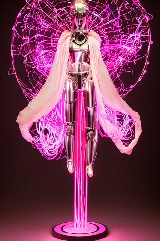 Image similar to full-body baroque and bladerunner style pink neon and chrome statue of a beautiful pale priestess robot goddess humanoid wearing a see-through silk kimono, suspended from the ceiling with wire cables, glowing peach face, street hoody of red steampunk lasers, emeralds, swirling silver silk fabric. futuristic elements. oozing glowing liquid, full-length view. space robots. human skulls. throne made of bones, intricate artwork by caravaggio. Trending on artstation, octane render, cinematic lighting from the right, hyper realism, octane render, 8k, depth of field, 3D