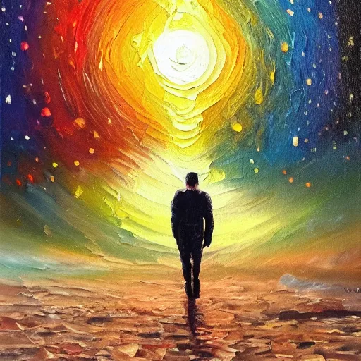 Prompt: oil painting of walking out of this world and into the next