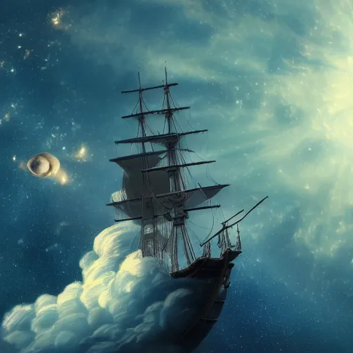 Image similar to a beautiful galleon ship floating in space nebula clouds, highly detailed space scene, ultra realistic, sharp focus, cinematic