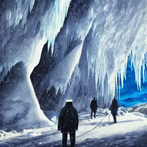 Prompt: A majestic ice cave a river and mountains. A small group of birds is flying in the sky. Harsh winter. very windy. There is a man walking in a deep snow.Camera is positioned behind the man. Cinematic, very beautiful, painting in the style of Lord of the rings