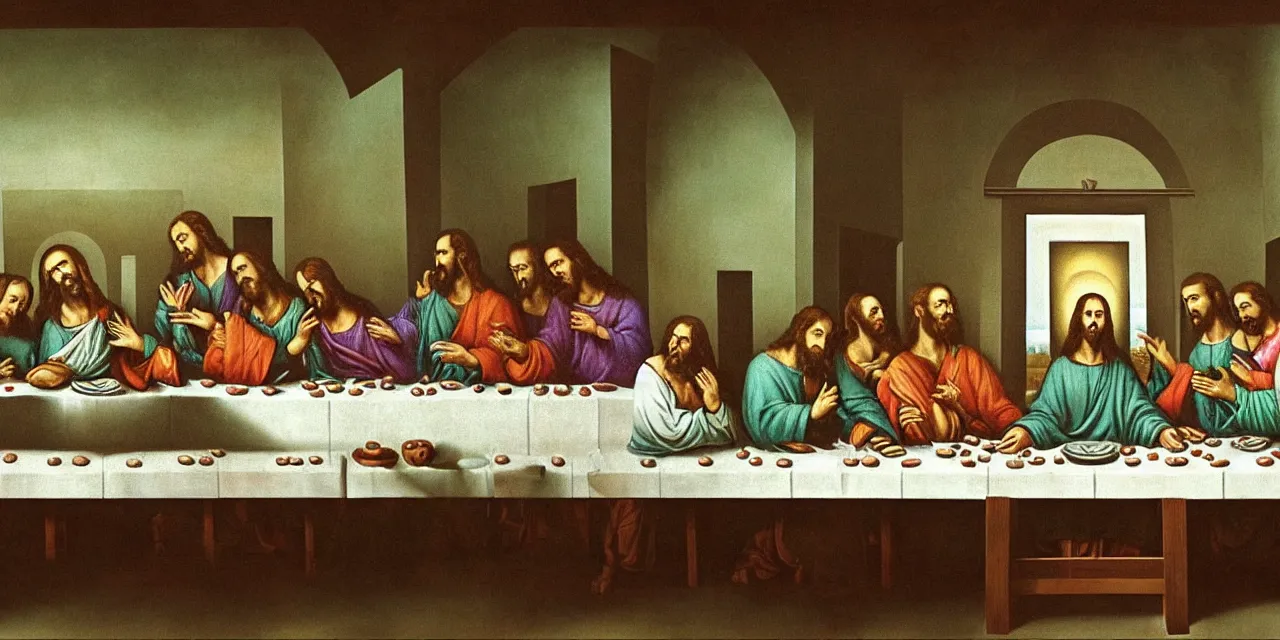 Image similar to the last supper iconic image in the style of dali surreal jesus christ iconography but replace jesus with little green aliens like the ones from pixar movies