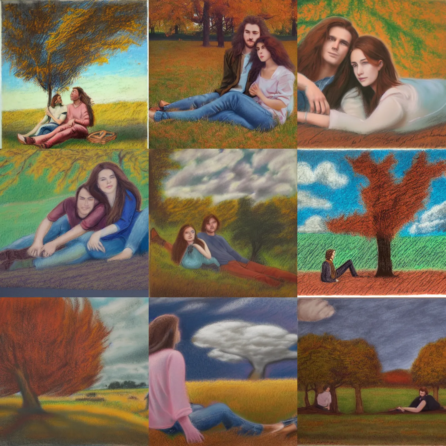 Prompt: long shot pastel of young man and woman with long brown hair, laying under a tree looking at clouds autumn, ( ( ( wearing jeans ) ) )