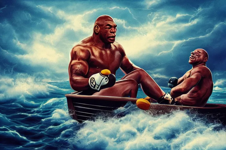 Prompt: Mike Tyson And Rocky are sitting in a boat on rough seas, stormy weather, award winning illustration, trending on artstation