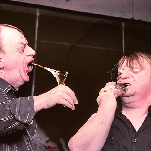 Prompt: Mark E Smith, smashing a beer bottle against the head of a chunky middle aged man who has balding very very short blonde hair and glasses