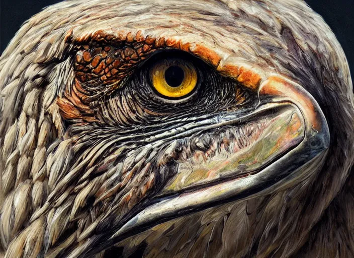 Image similar to a hyper-detailed oil portrait of a large raptor bird; an extraordinary masterpiece!!!; flawless; proud posture; photorealistic eyes; trending on artstation; f/1.4; 90mm