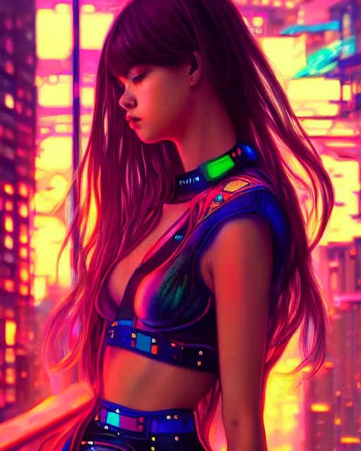 Image similar to beautiful digital painting of lalisa cyberpunk background with high detail, 8 k, stunning detail, neon lights, photo by wlop, artgerm and greg rutkowski and alphonse mucha, unreal engine 5, 4 k uhd