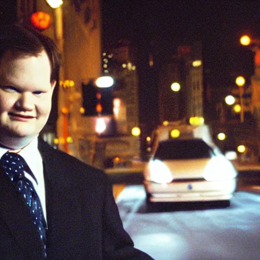 Prompt: 1 9 9 8 andy richter wearing a black wool coat and necktie in his car driving through the streets of chicago at night.