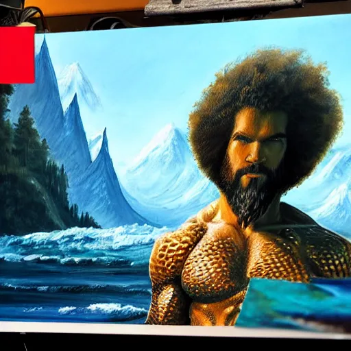 Image similar to a closeup photorealistic photograph of bob ross working on a canvas painting of aquaman. film still. brightly lit scene. mountains and trees. this 4 k hd image is trending on artstation, featured on behance, well - rendered, extra crisp, features intricate detail, epic composition and the style of unreal engine.