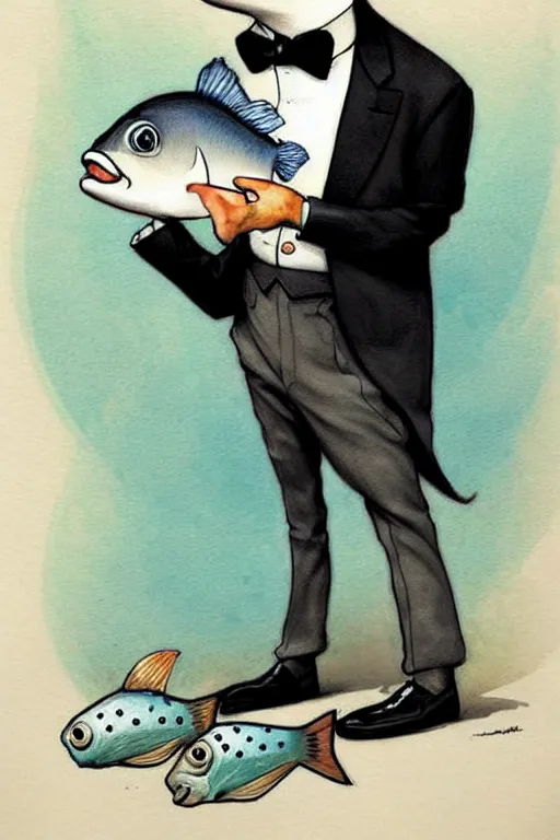 Prompt: cartoon fish in tuxedo. muted colors. by jean - baptiste monge!!!!!!!!!!!!!!!!!!!!!!!!!!!