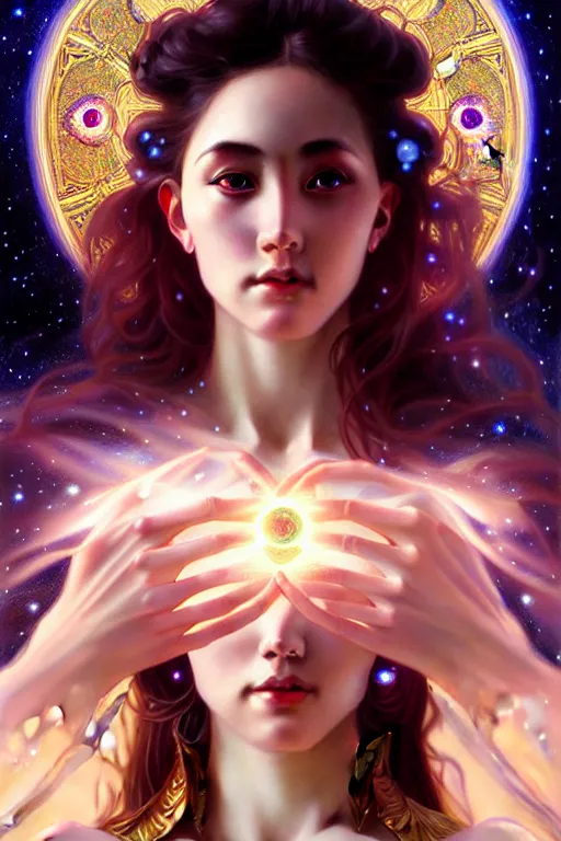 Prompt: empress of eternity, space, universe, portrait, highly detailed, deep focus, elegant, digital painting, smooth, sharp focus, illustration, ultra realistic, 8 k, art by artgerm and alphonse mucha