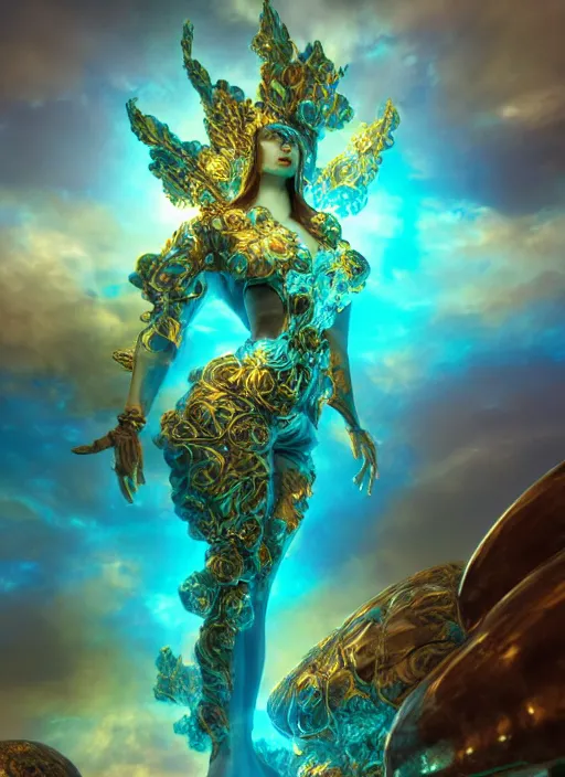 Image similar to flowers within the whole infinite capsule apparent with awe the apparition, an idea seep's into infinity highly detailed in volumetric latent space, golden turquoise steampunk, high contrast cinematic light, mystical shadows, sharp focus, divine realm of gods, octane render, artist by boris vallejo,