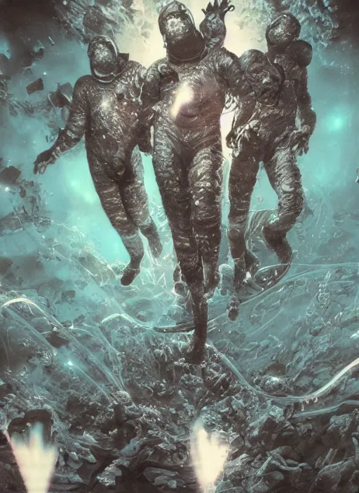 Image similar to astronauts in the dark infinite underwater void - complex and hyperdetailed technical suit, fabric material. reflection and dispersion materials. rays and dispersion of light. volumetric light. wide angle, f / 3 2. noise film photo. flash photography. ultra realistic, wide angle. poster by wayne barlowe, hajime sorayama aaron horkey, craig mullins