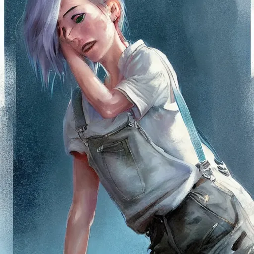 Image similar to Female, soft eyes and narrow chin, dainty figure, single strap paint covered overalls, short shorts, combat boots, raining, basic white background, style of by Jordan Grimmer and greg rutkowski, crisp lines and color,