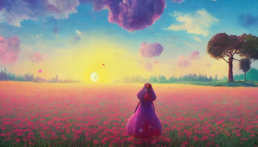 Image similar to girl with a giant flower head, surreal photography, dream, standing in flower field, hills, big trees, sunrise dramatic light, impressionist painting, colorful clouds, digital painting, pointillism, artstation, simon stalenhag, flower face