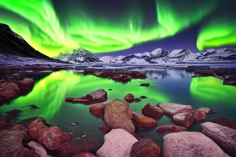 Prompt: beautiful landscape photography ok a glacial lake at night with northern lights by Marc Adamus