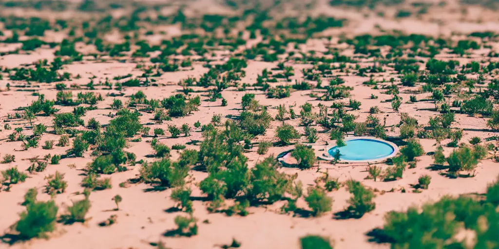 Image similar to Aerial Photo of nostalgic abandoned desert oasis, photo realistic, isometric, tilt shift, bokeh, award winning, trending, 8k, HD